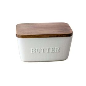 Better Homes & Gardens- White and Acacia Wood Porcelain Embossed Butter Dish