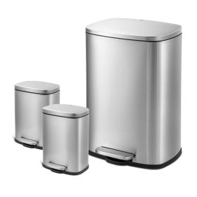 Rectangular Step Garbage Can 3 Piece Combo, 13.2 gal , Two 1.3 gal, Stainless Steel (Color: Silver)